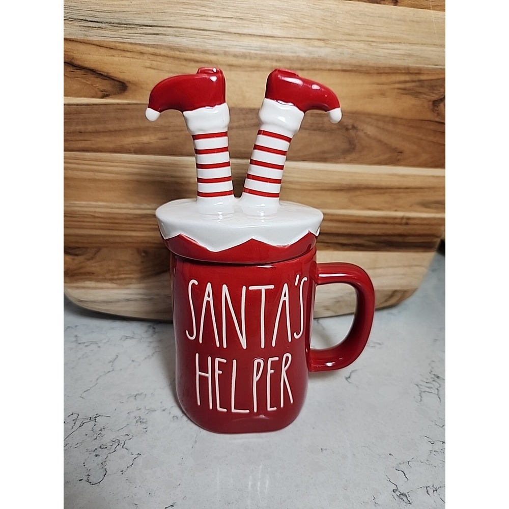 Rae Dunn SANTA'S HELPER Mug w Elf Legs Topper Christmas Red White 2020 VHTF - Picture 2 of 11